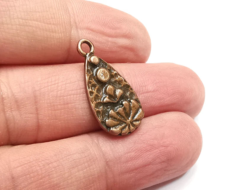 2 Drop Lotus Flower Dangle Charms, Antique Copper Plated Charms (25x12mm) G29472
