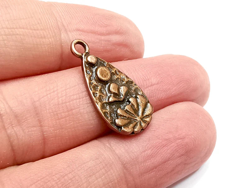 2 Drop Lotus Flower Dangle Charms, Antique Copper Plated Charms (25x12mm) G29472