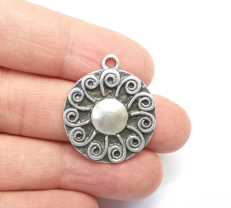 Antique Silver Charms Pendant Shining Star Charms, Sun Charm, Antique Silver Plated Charms (29x25mm) G29703