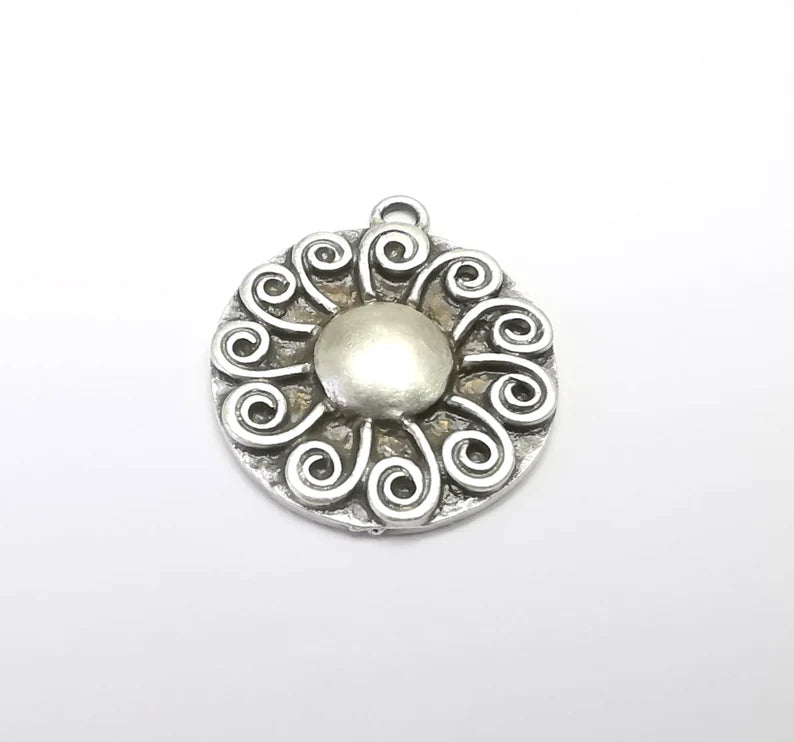 Antique Silver Charms Pendant Shining Star Charms, Sun Charm, Antique Silver Plated Charms (29x25mm) G29703
