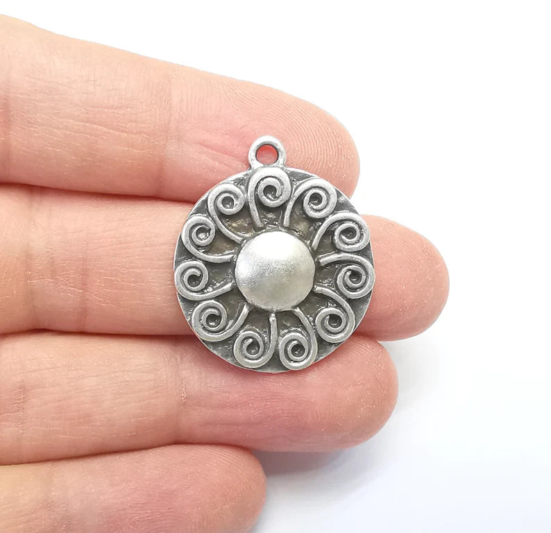Antique Silver Charms Pendant Shining Star Charms, Sun Charm, Antique Silver Plated Charms (29x25mm) G29703
