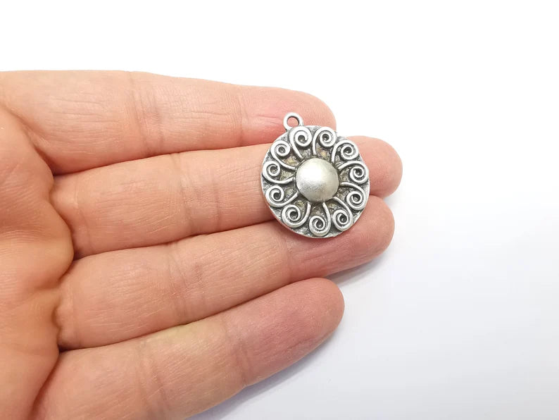 Antique Silver Charms Pendant Shining Star Charms, Sun Charm, Antique Silver Plated Charms (29x25mm) G29703