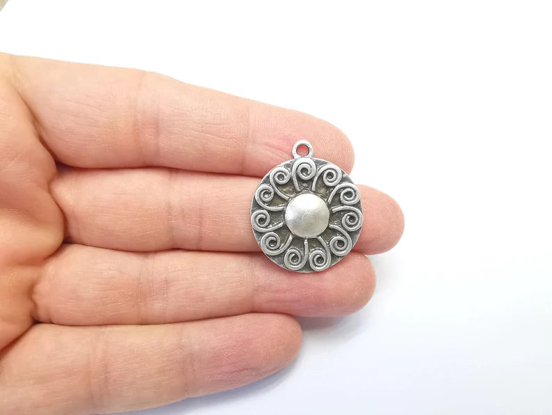 Antique Silver Charms Pendant Shining Star Charms, Sun Charm, Antique Silver Plated Charms (29x25mm) G29703