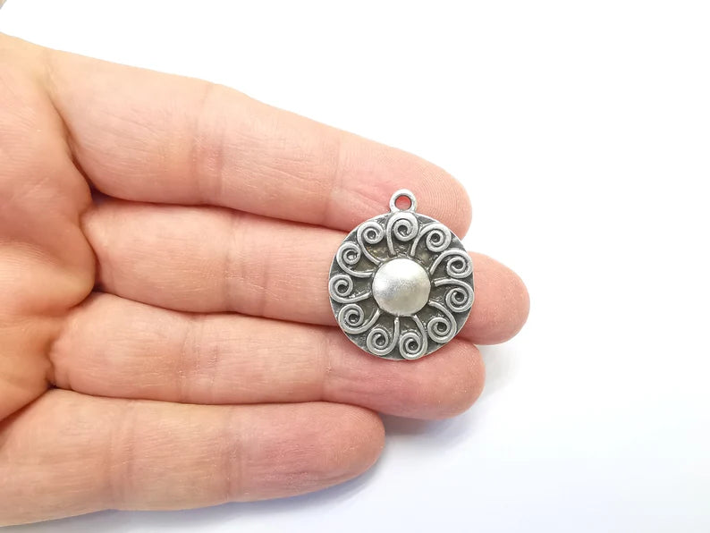 Antique Silver Charms Pendant Shining Star Charms, Sun Charm, Antique Silver Plated Charms (29x25mm) G29703