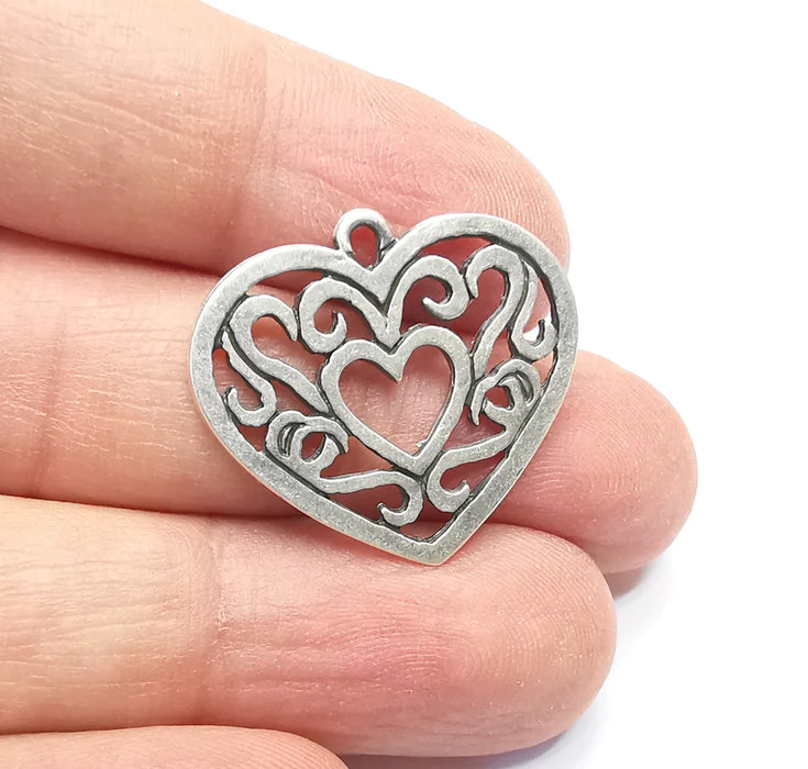 2 Heart Charms, Antique Silver Plated Charms (27x25mm) G29714