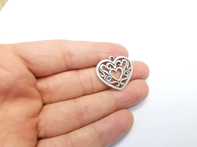 2 Heart Charms, Antique Silver Plated Charms (27x25mm) G29714