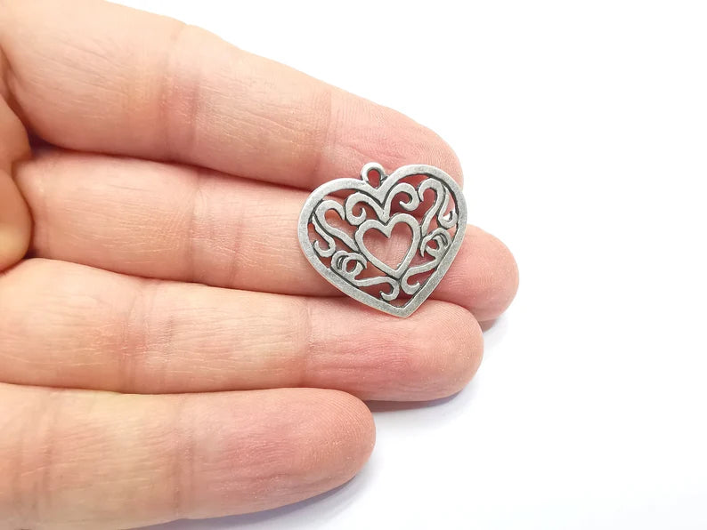 2 Heart Charms, Antique Silver Plated Charms (27x25mm) G29714