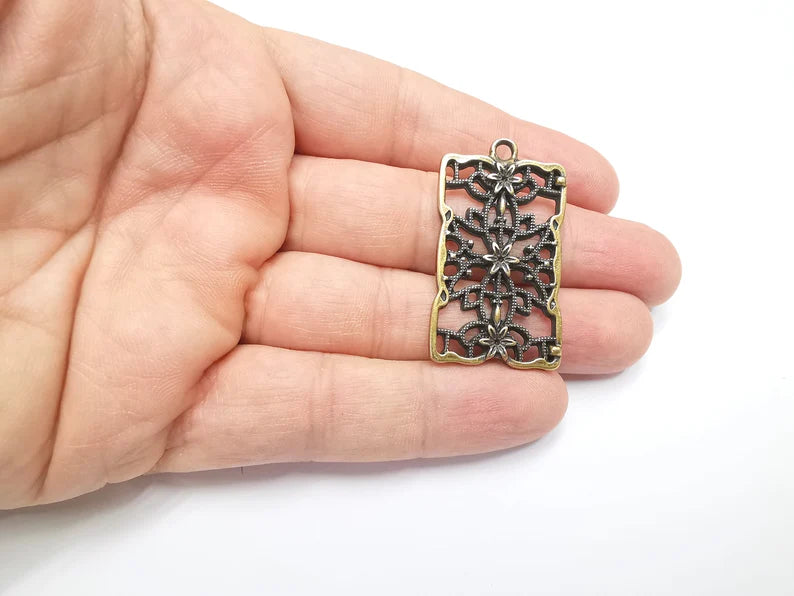 Rectangle Filigree Flower Dangle Charms, Earring Charms, Flower Pendant, Jewelry Findings, Antique Bronze Plated Charms (44x25mm) G29480