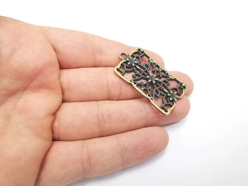 Rectangle Filigree Flower Dangle Charms, Earring Charms, Flower Pendant, Jewelry Findings, Antique Bronze Plated Charms (44x25mm) G29480