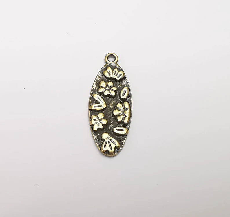 Flower Charms, Leaf Oval Dangle Pendant, Earring Charms, Jewelry Findings, Antique Bronze Plated (34x13mm) G29481