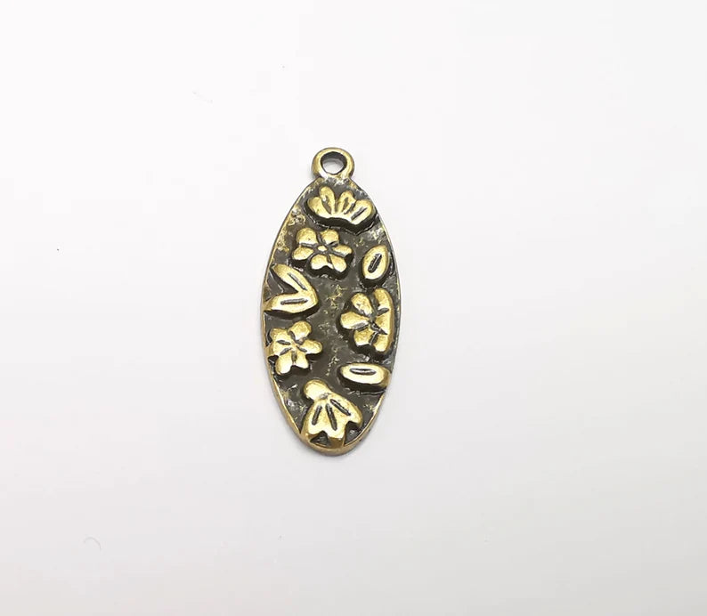 Flower Charms, Leaf Oval Dangle Pendant, Earring Charms, Jewelry Findings, Antique Bronze Plated (34x13mm) G29481