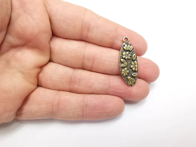 Flower Charms, Leaf Oval Dangle Pendant, Earring Charms, Jewelry Findings, Antique Bronze Plated (34x13mm) G29481