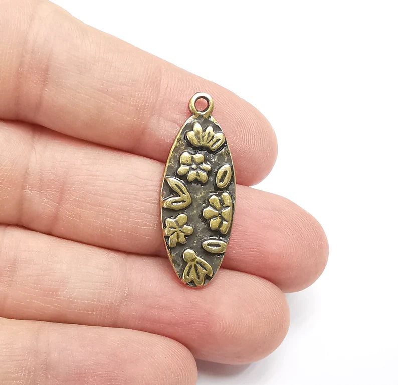 Flower Charms, Leaf Oval Dangle Pendant, Earring Charms, Jewelry Findings, Antique Bronze Plated (34x13mm) G29481