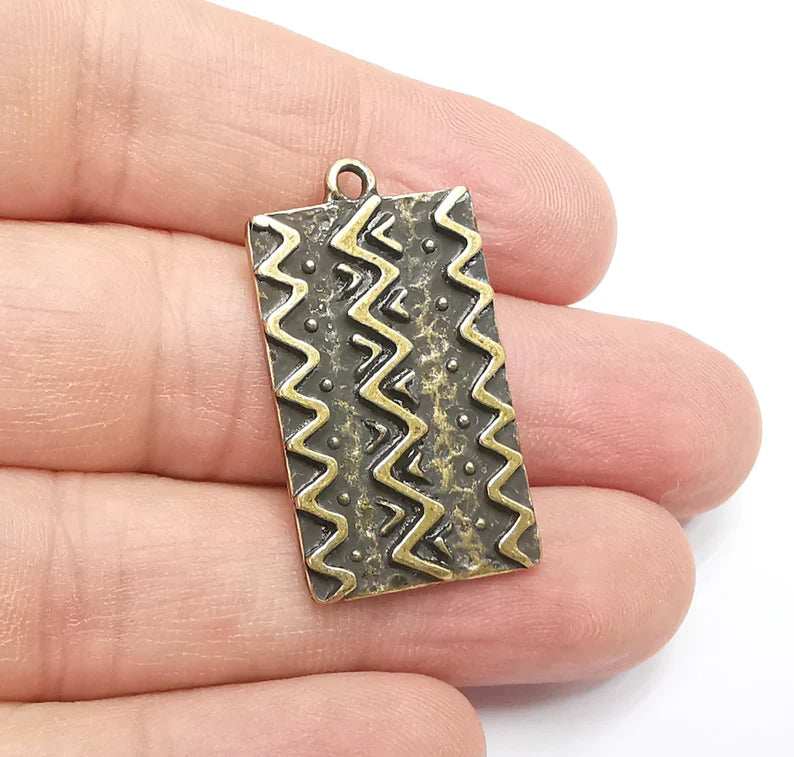 Flower Motif Charms, Ethnic Charms, Zigzag Charms, Jewelry Findings, Antique Bronze Plated Pendant (35x20mm) G29483