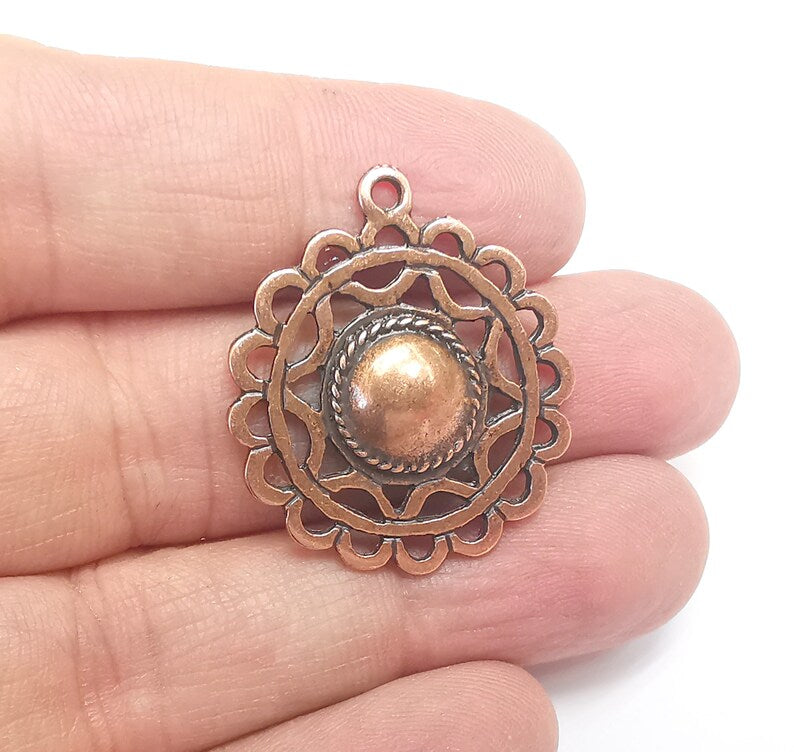 2 Flowers Charms, Antique Copper Plated Pendant (32x28mm) G29719