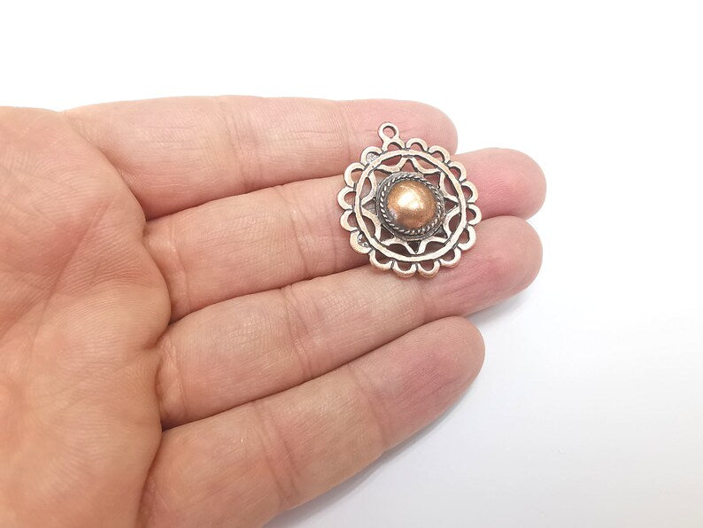 2 Flowers Charms, Antique Copper Plated Pendant (32x28mm) G29719