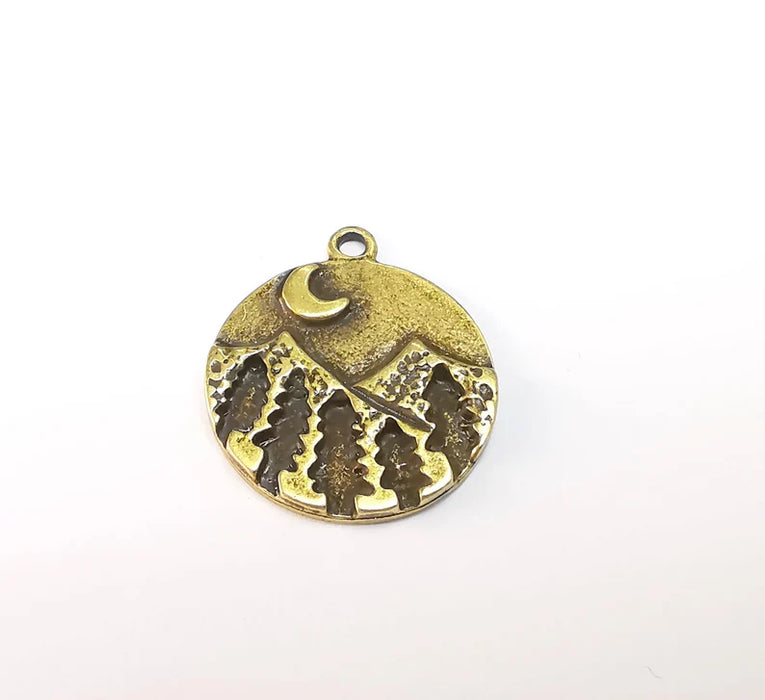 Mountain Tree and Crescent Charms Landscape Tree Moon Charms Pendant Antique Bronze Plated Charms (28x24mm) G29722