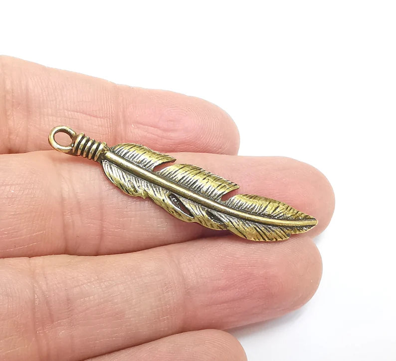 2 Feather Charms, Antique Bronze Plated Charms Leaf Charms (51x11mm) G29723