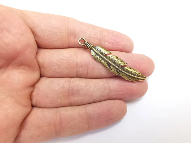 2 Feather Charms, Antique Bronze Plated Charms Leaf Charms (51x11mm) G29723