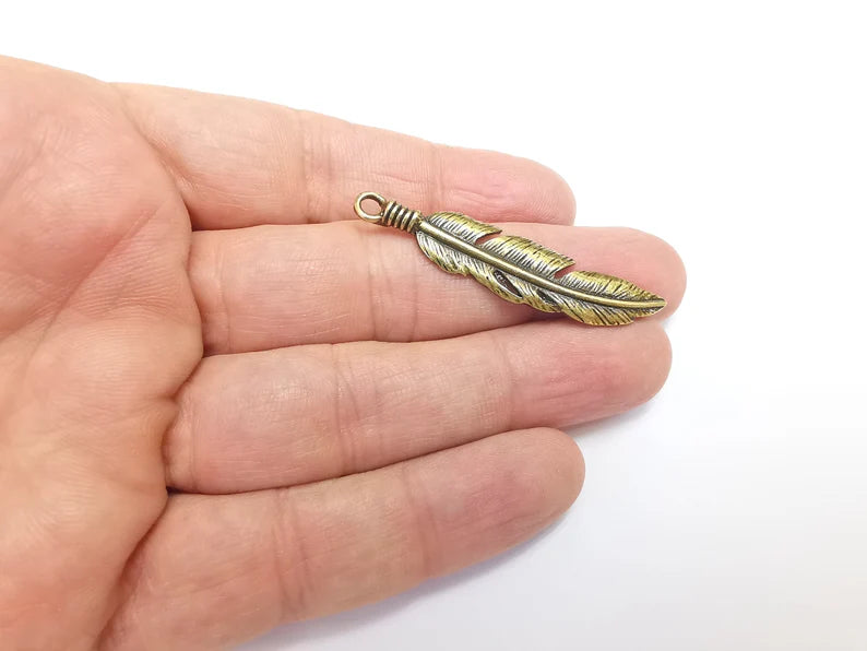 2 Feather Charms, Antique Bronze Plated Charms Leaf Charms (51x11mm) G29723