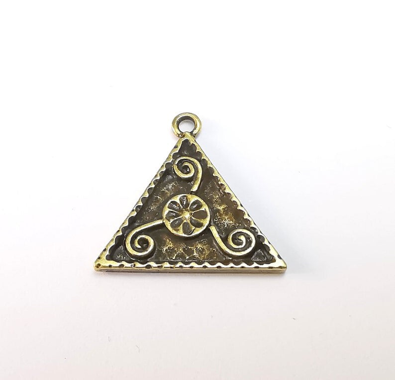 2 Triangle Flower Swirl Charms, Antique Bronze Plated Pendant (25x25mm) G29724