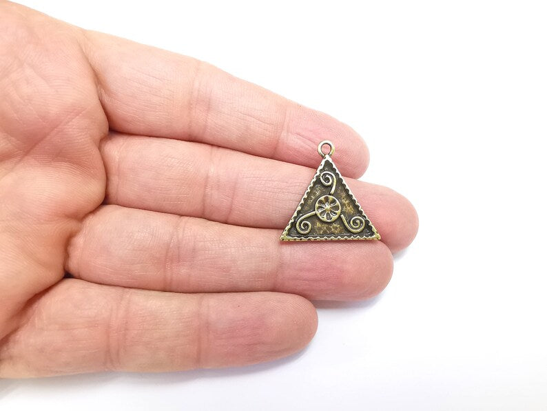 2 Triangle Flower Swirl Charms, Antique Bronze Plated Pendant (25x25mm) G29724