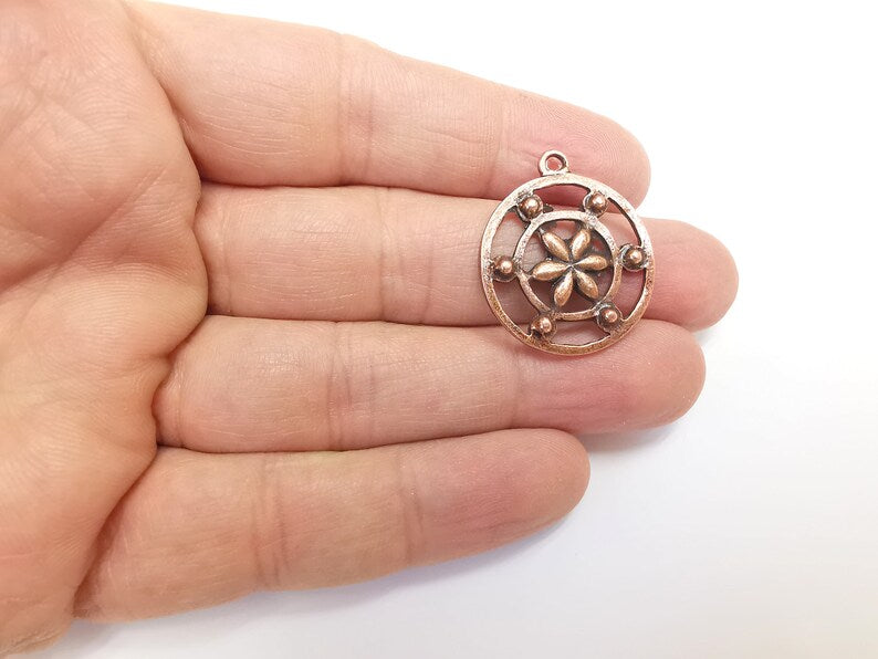 2 Flower Charms, Antique Copper Plated Pendant (30x26mm) G29725