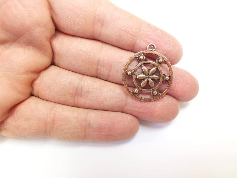 2 Flower Charms, Antique Copper Plated Pendant (30x26mm) G29725