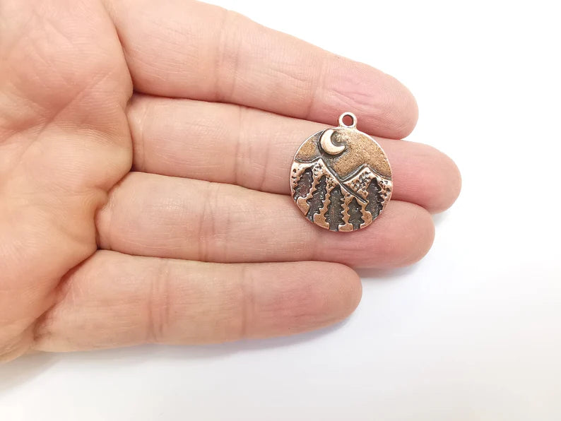 Mountain Tree and Crescent Charms Landscape Tree Moon Charms Pendant Antique Copper Plated Charms (28x24mm) G29726