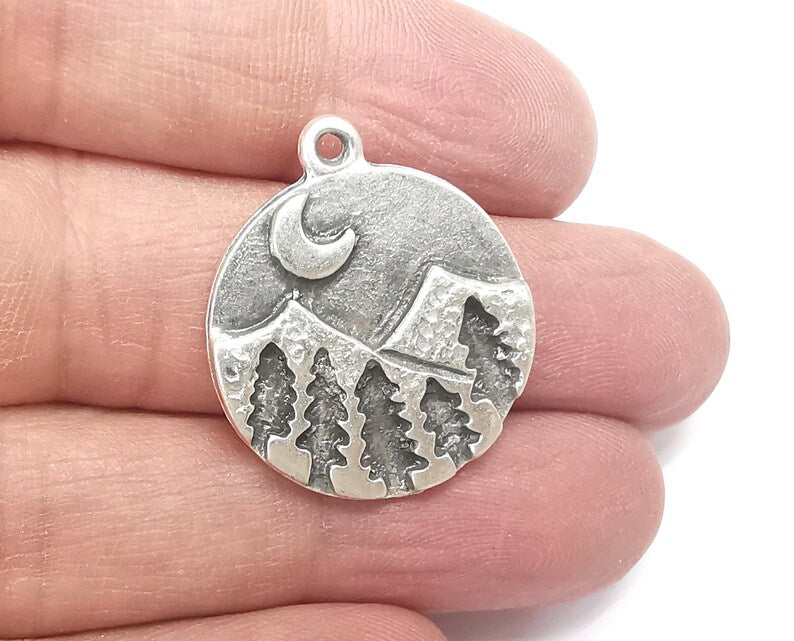 Pine tree, Landscape Mountain Charms, Antique Silver Plated Charms (29x25mm) G29734