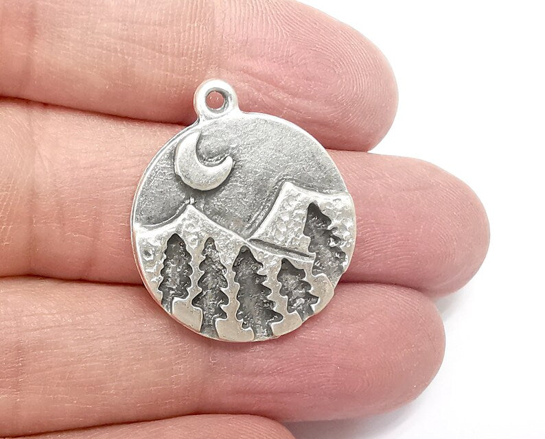 Pine tree, Landscape Mountain Charms, Antique Silver Plated Charms (29x25mm) G29734
