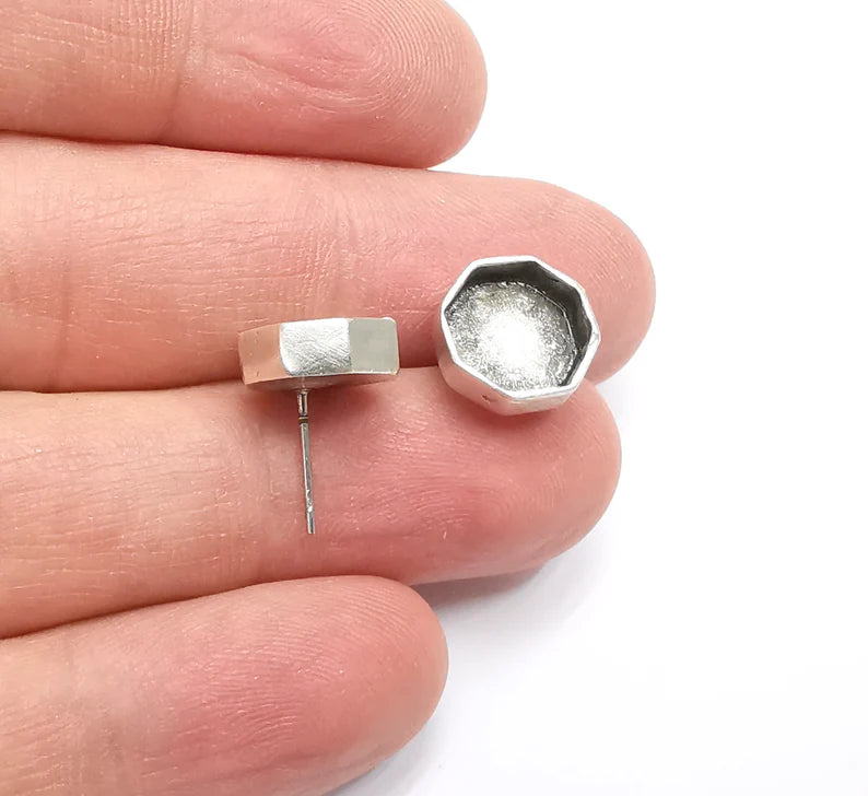Octagon Earring Stud Base Bezel Silver Earring Set Blank Wire Antique Silver Plated Brass (10mm bezel) G29486