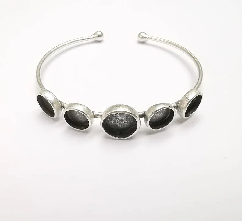 Silver Bracelet Blank Cuff Bezel Cabochon Base Resin Mountings Adjustable Antique Silver Plated Brass (10mm-8mm Bezel) G29498