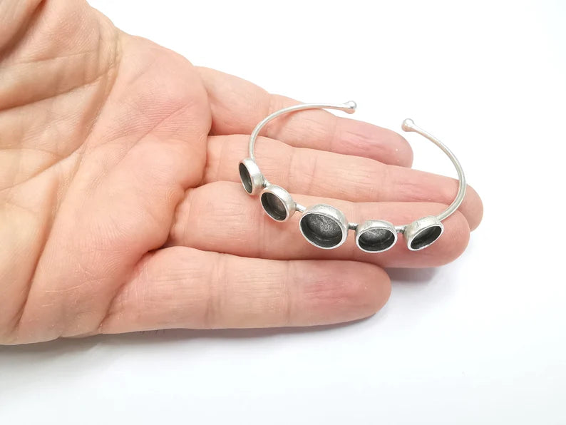 Silver Bracelet Blank Cuff Bezel Cabochon Base Resin Mountings Adjustable Antique Silver Plated Brass (10mm-8mm Bezel) G29498