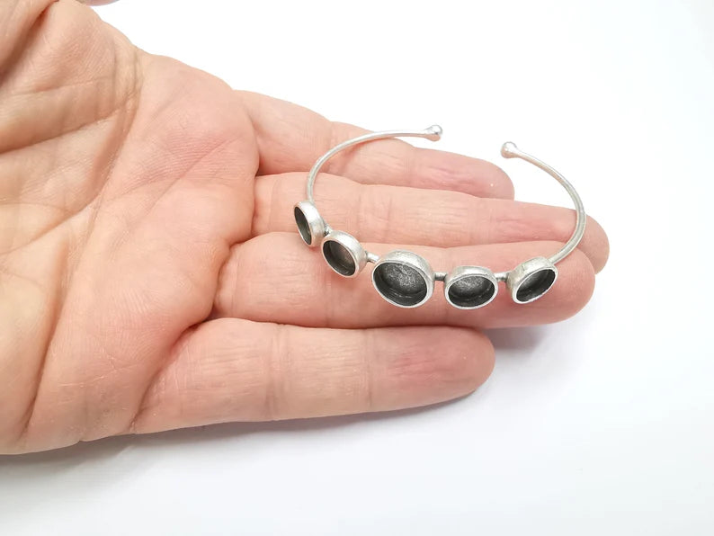 Silver Bracelet Blank Cuff Bezel Cabochon Base Resin Mountings Adjustable Antique Silver Plated Brass (10mm-8mm Bezel) G29498
