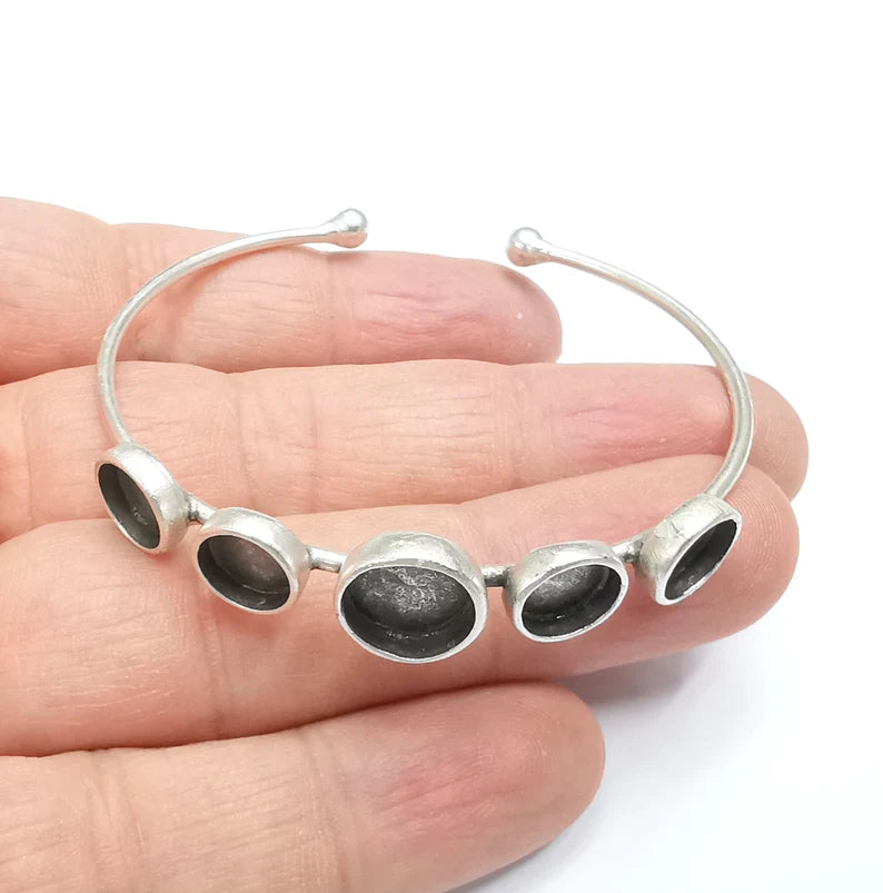 Silver Bracelet Blank Cuff Bezel Cabochon Base Resin Mountings Adjustable Antique Silver Plated Brass (10mm-8mm Bezel) G29498