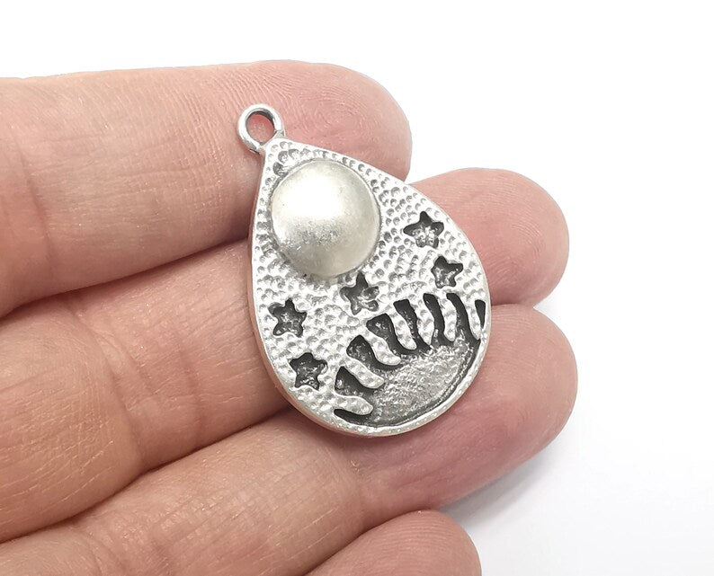 Drop Crown Moon Charms, Antique Silver Plated Charms (35x24mm) G29748