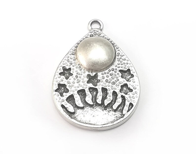 Drop Crown Moon Charms, Antique Silver Plated Charms (35x24mm) G29748