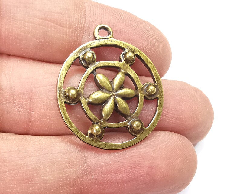 2 Flower Round Charms, Antique Bronze Plated Charms (30x26mm) G29751