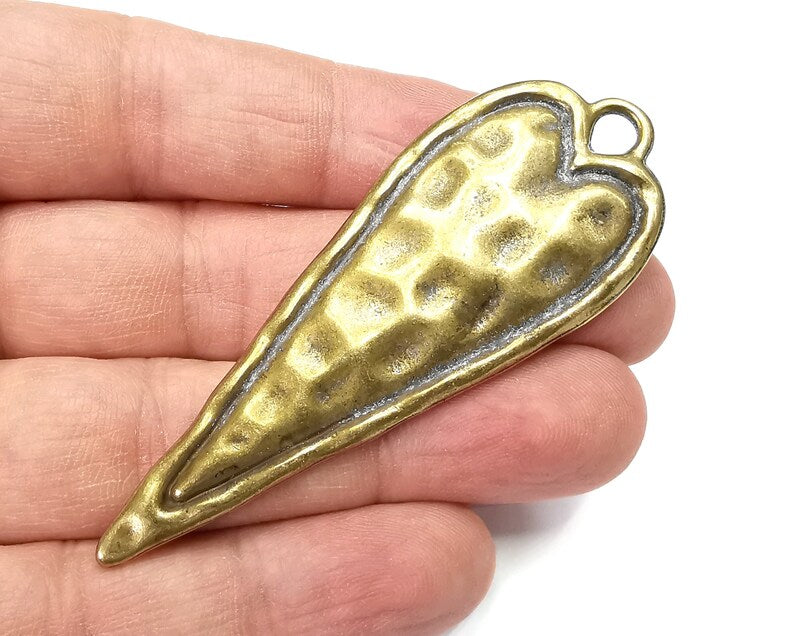 Hammered Long Heart (Double Sided) Pendant Antique Bronze Plated Pendant (76x28mm) G29756