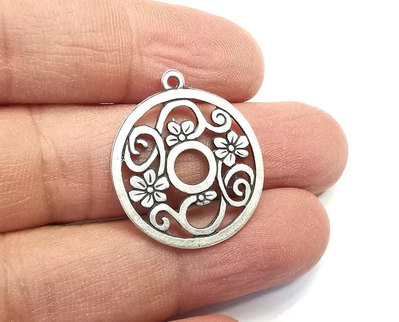 2 Flowers Branch Round Charms Pendant Antique Silver Plated Charms (29x25mm) G29761