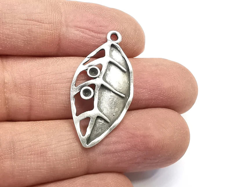 2 Leaf Charms Blank Resin Bezel Mosaic Mountings Cabochon Setting Antique Silver Plated Pendant (34x17mm)(2mm Blank) G29769