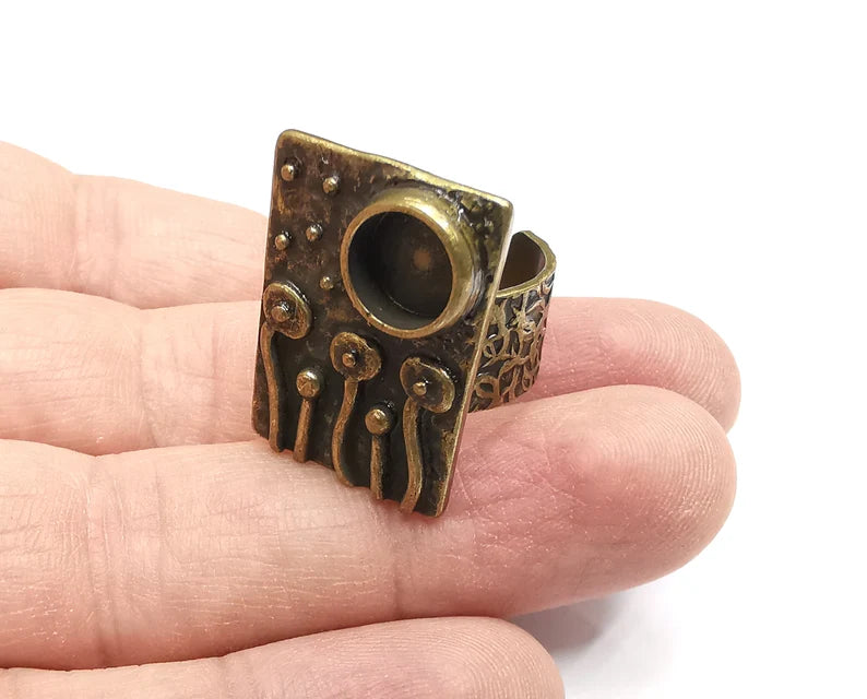 Flower Ring Blank Settings, Mushrooms Cabochon Mounting, Adjustable Resin Ring Base Bezel, Antique Bronze Inlay Mosaic Bezel (8mm) G29611