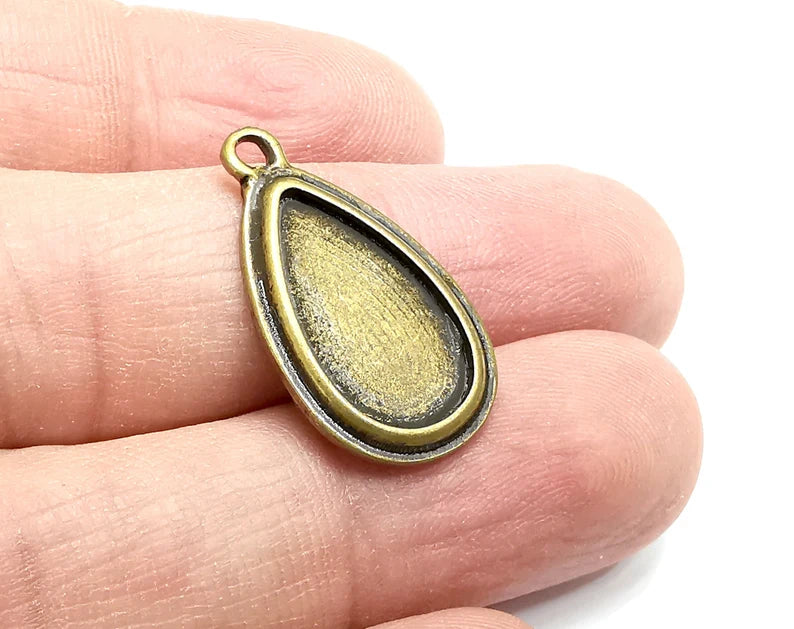 2 Teardrop Charm Bezel, Resin Blank, Mosaic Pendant Frame, Cabochon Base,Dry Flower Setting,Antique Bronze Plated (18x10mm) G29613