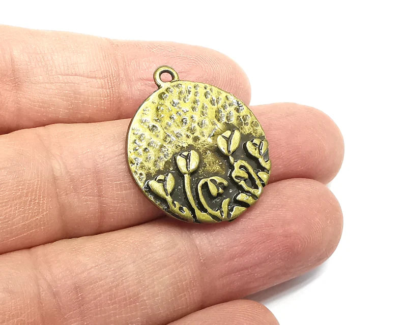 Flower Garden Charms Antique Bronze Plated Hammered Charms (24mm) G29629