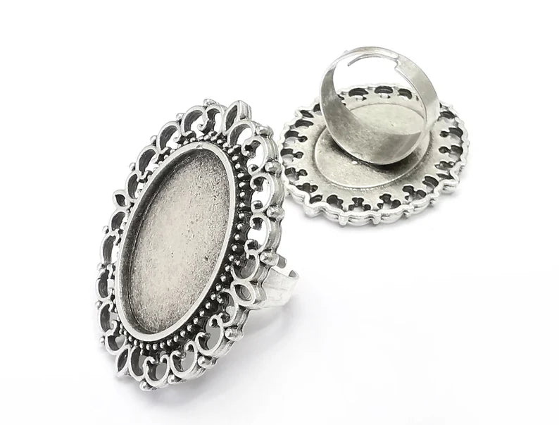 Silver Ring Setting Blank Cabochon Base Ring Mounting Adjustable Ring Base Bezel Antique Silver Plated (25x18mm) G29777