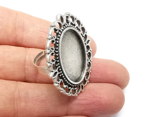 Silver Ring Setting Blank Cabochon Base Ring Mounting Adjustable Ring Base Bezel Antique Silver Plated (25x18mm) G29777