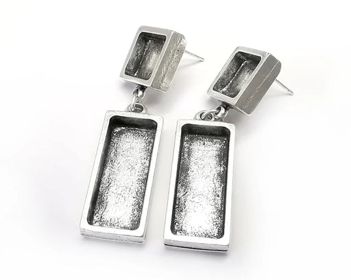 Square, Rectangle Dangle Stud Silver Earring Set Base Blank Bezel Antique Silver Plated Earring Base (10 - 25x10mm) G29778