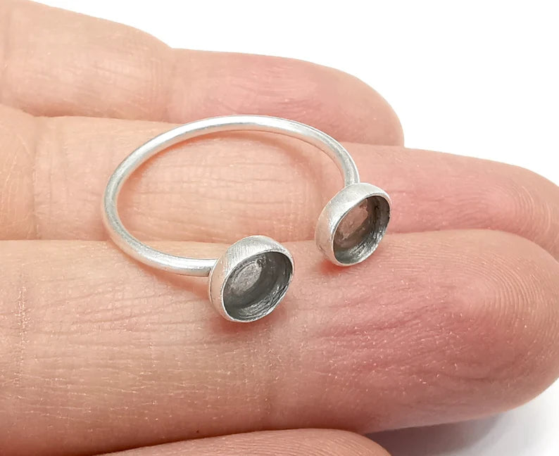 2 Blank Ring Setting Cabochon Mounting Adjustable Resin Ring Base Bezel Mosaic Ring, Antique Silver Plated Brass (6 mm) G29783