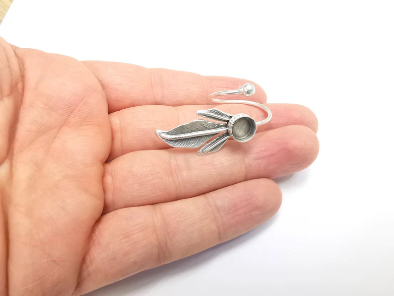 Leaf Ring Setting Blank Cabochon Mounting Adjustable Resin Ring Base Bezel Wrap Mosaic Ring, Antique Silver Plated Brass (8mm bezel) G29640